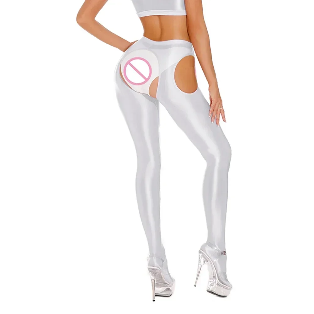 Women Sexy Leggings Hollow Glossy Shiny Sheer Stretchy Open Crotch Skinny Dance Yoga Pants Open-End Temptation Uniform