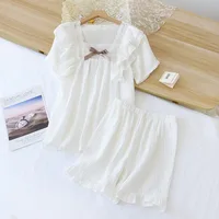 Japanese summer new short-sleeved shorts ladies pajamas set 100% cotton crepe solid color fresh home clothes two-piece set - Image 4