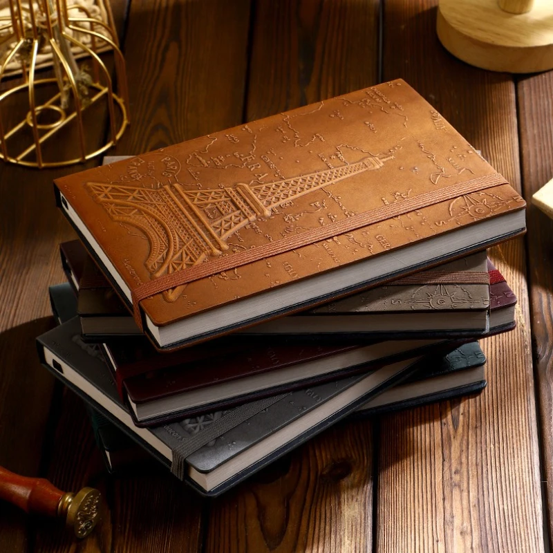 Retro Iron Tower Embossed Leather Notebook Diary