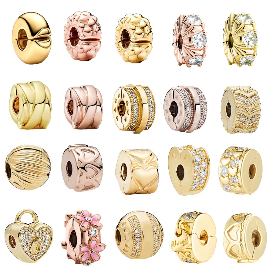 Rose Gold Gold Plated Long Pronged Sparkling Clip Trinket Charm Bead Fit Original Pan 925 Sterling Silver Bracelet Jewelry
