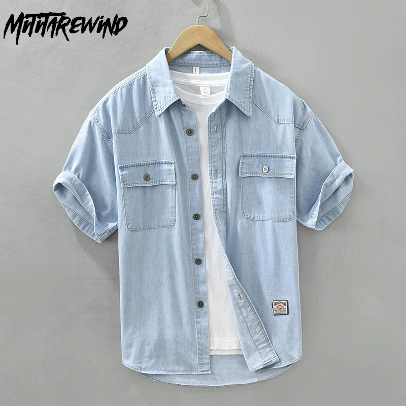 Summer Short Sleeve Denim Shirt Men Casual Loose Blue Jeans Japanese Double Pockets Cowboy Youth Fashion