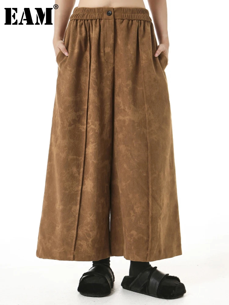 

[EAM] High Elastic Waist Pocket Coffee Corduroy Long Wide Leg Pants New Trousers Women Fashion Tide Spring Autumn 2024 1DH41130