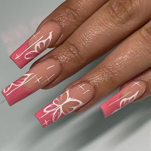 24pcs/Set Detachable Long Coffin Fake Nails European Rainbow Ballerina Full Nail Art Tips Colorful Beauty Artificial False Nails Butterfly series1