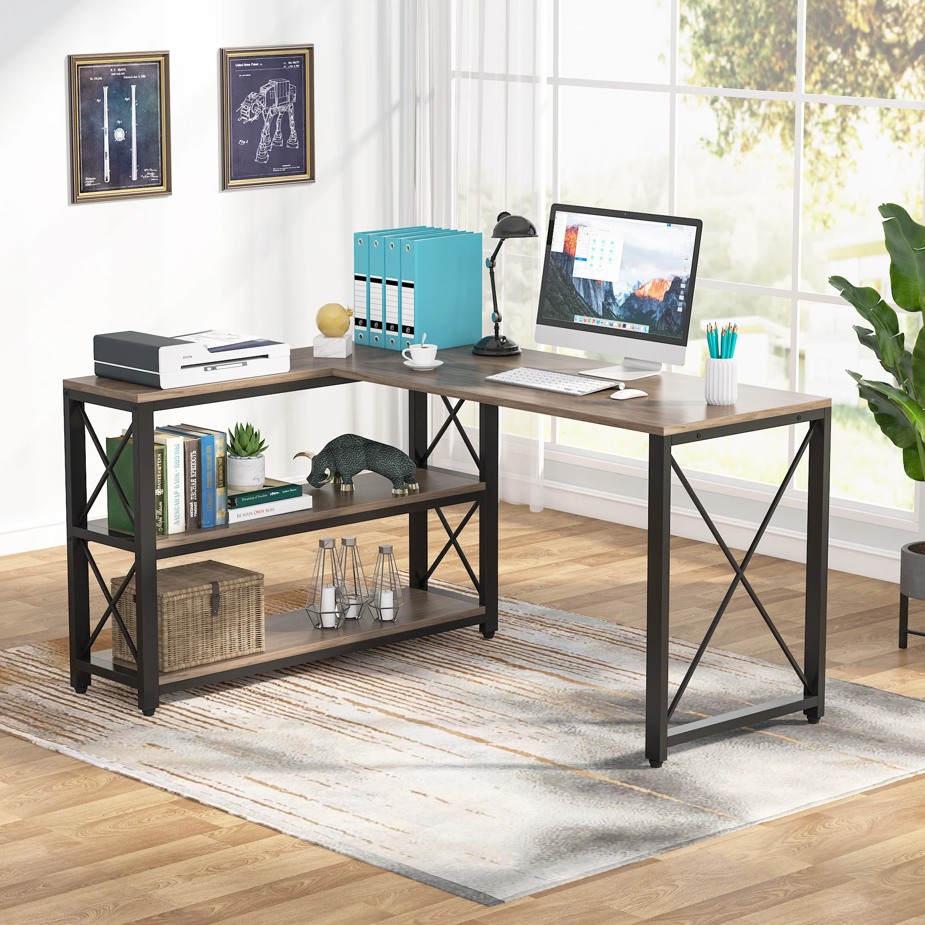 

Tribesigns Reversible Industrial L-Shaped Desk with Storage Shelves, Corner Computer Desk PC Laptop Study Table Workstation