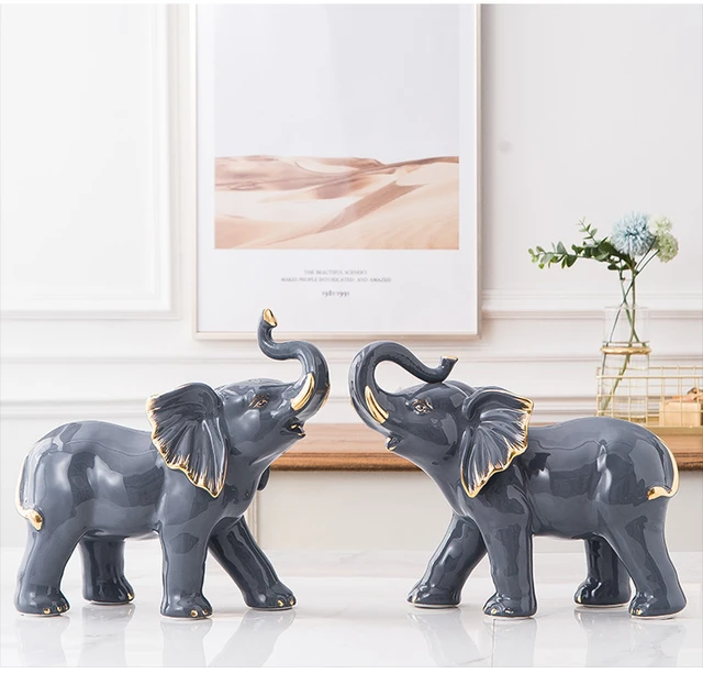 Juego de decoración de elefante de la suerte con troncos – Feng Shui resina  negro y dorado pareja elefante figuritas – Par de estatuas de elefantes