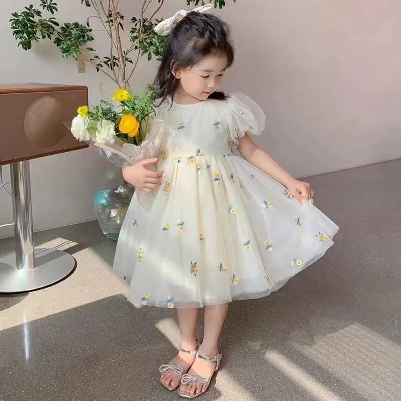 Summer Girls Flower Mesh Princess Dress Kids Cute Puff Short Sleeve Dresses For Girls Korean Clothing Children Dress For 1-6t