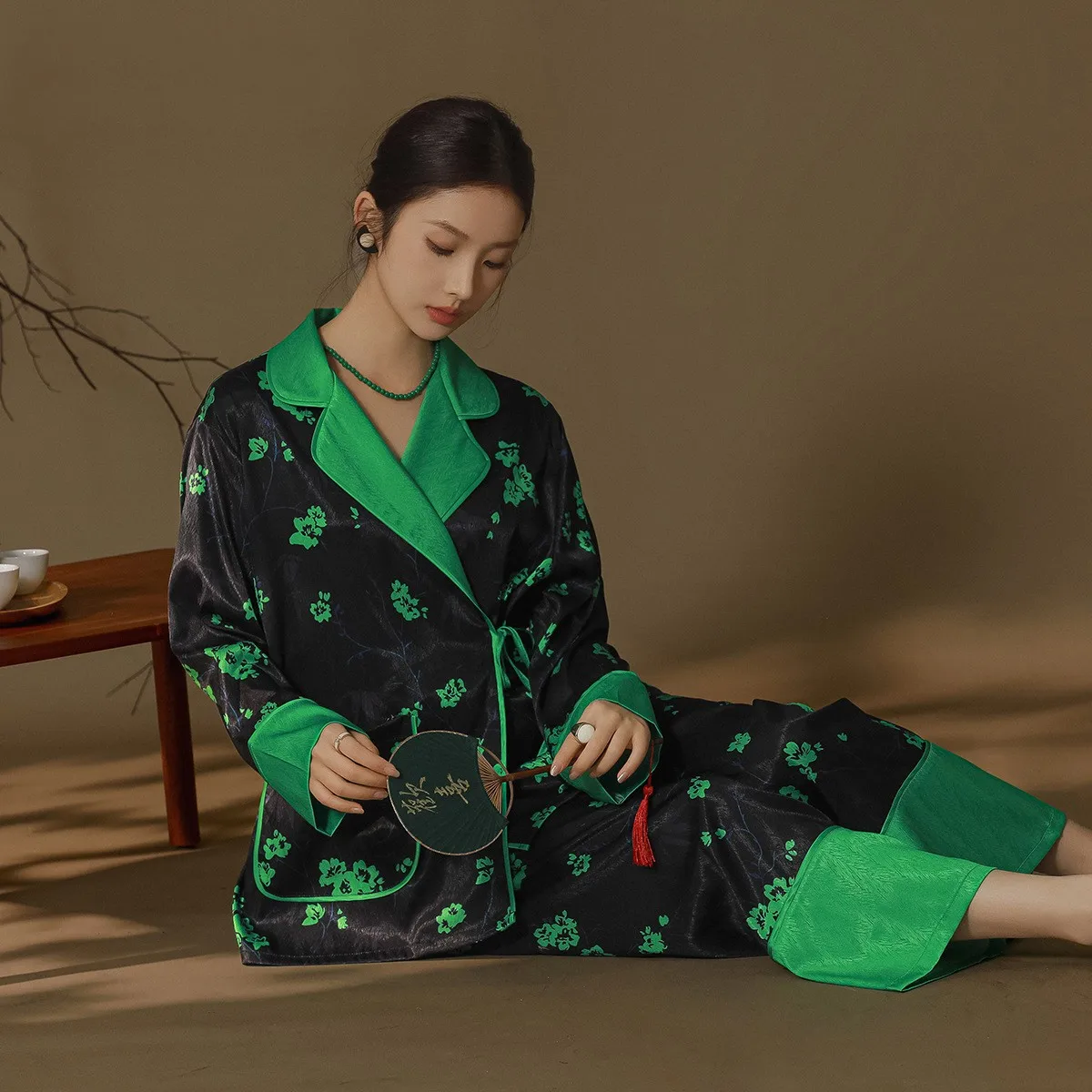 

2024 Spring New Chinese Style Pajama Set Women Long Sleeved Jacquard Cardigan Satin Pyjamas Sleepwear Female Home Pijama Mujer