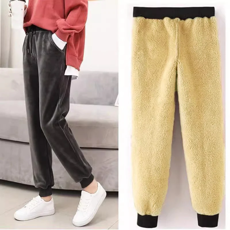 Lamb Fleecing Drawstring Elastic Waist Pencil Pants Solid Casual Warm Black Long Pant Winter Youthful Woman Clothing Trouser New
