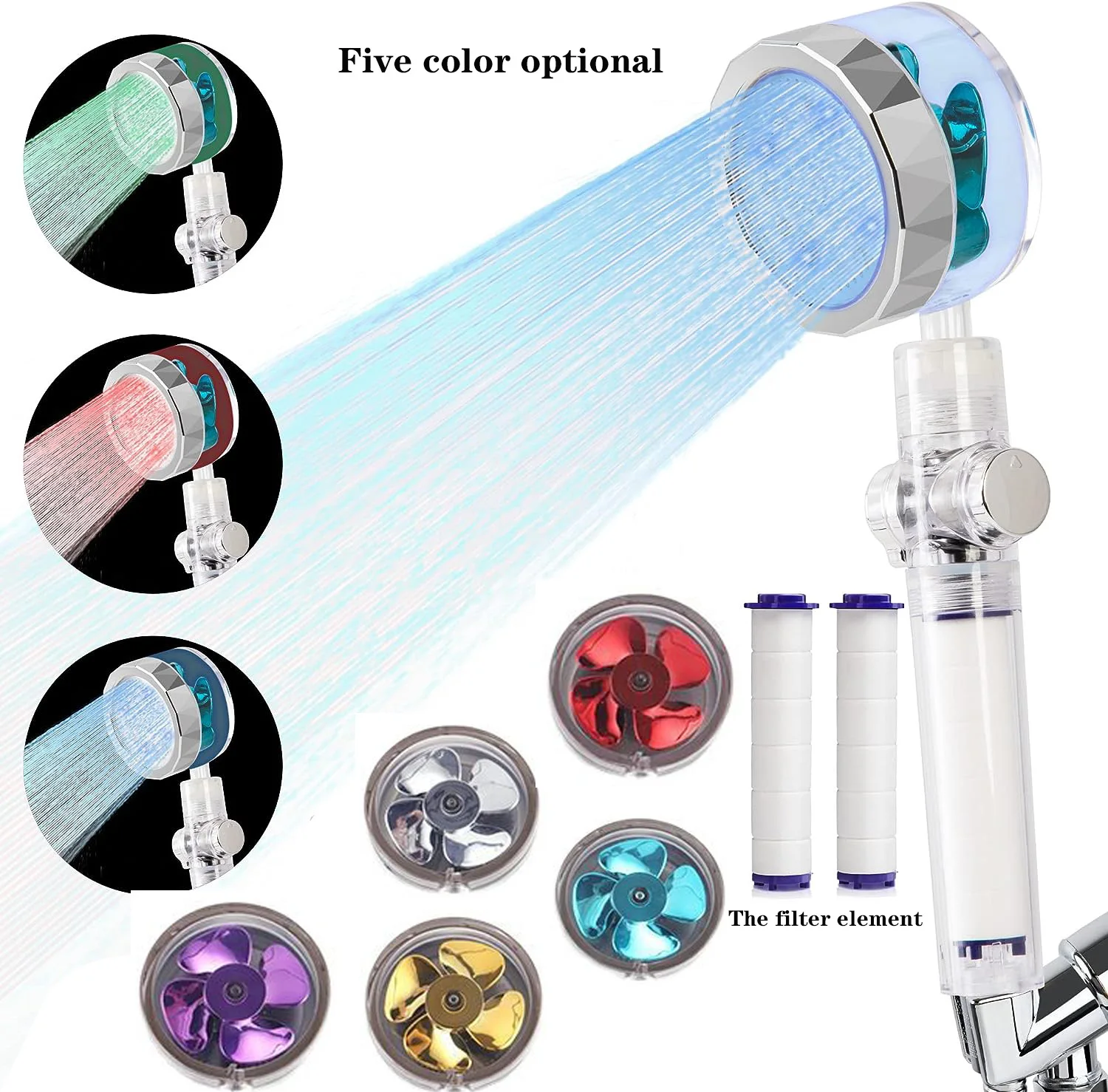 Shower Head Shower Nozzle 5 color Pressurized Shower Head Water Saving 360 Rotating Twin Turbo Pressurized Propeller Fan Shower Head Bathroom Accessories