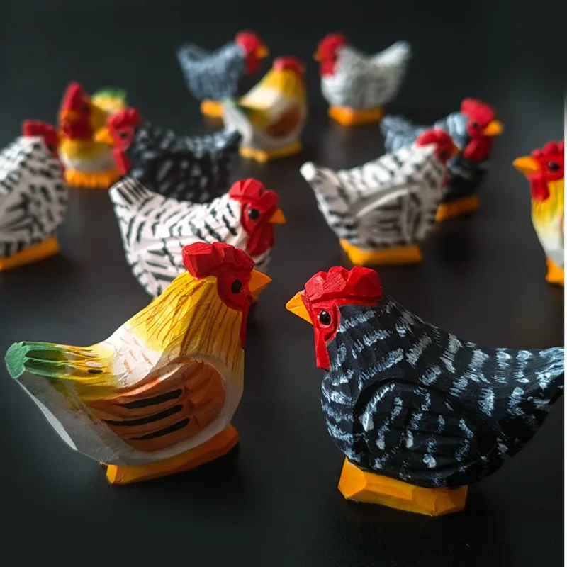 Handmade Wood Carved Rooster Figurines Creative Wooden Craft Painted Animal Art Decoration Desk Ornament Home Decor Unique Gift 6