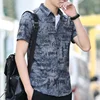 Fashion Lapel Button All-match Printed Asymmetrical Shirts Men's Clothing 2023 Summer New Casual Tops Short Sleeve Korean Shirt 2