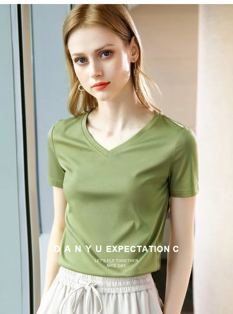 Ice Sensitive Silk Cotton V-neck Short Sleeved T-shirt for Women's Solid Round Neck Basic Commuting Elastic Oversized Top