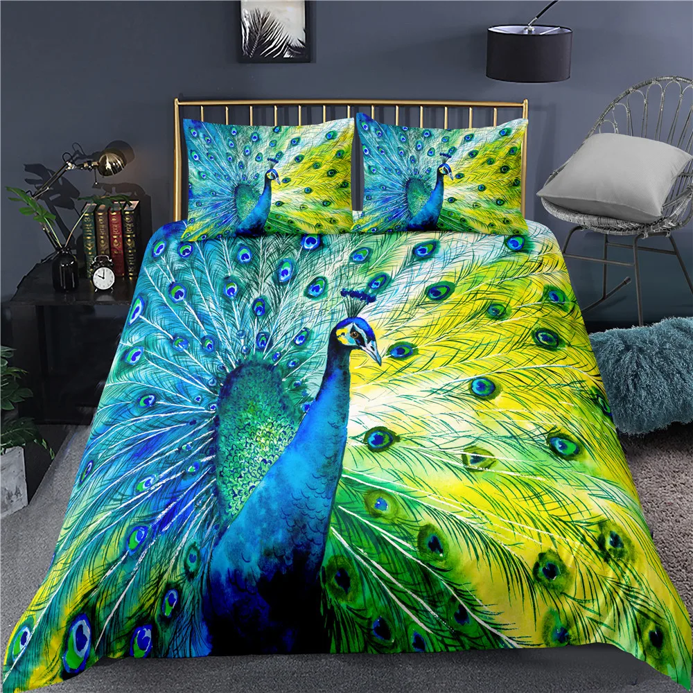 Peacock Duvet Cover Plum Blossom Decor Bedding Set King Size Crane Peacock Feather Floral Pattern Romantic Quilt Cover 3