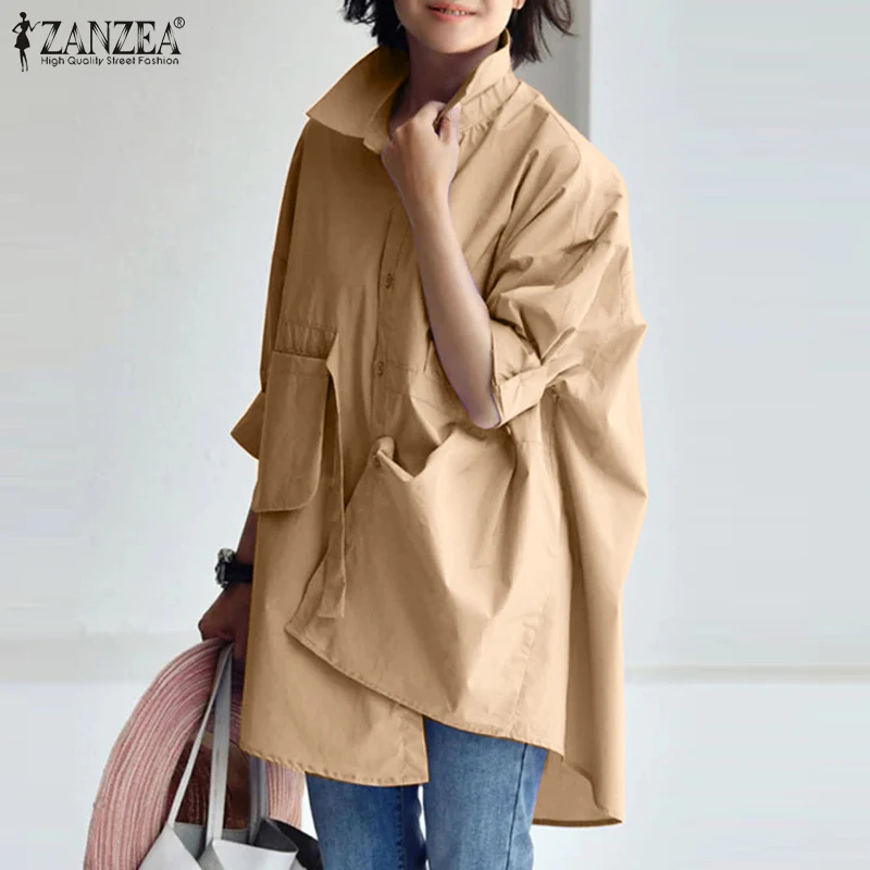 ZANZEA Frauen Chic Shirts Lose Beiläufige drehen-unten Kragen 3/4 Hülse Oversize Chemise Femme 2025, Frühling Sommer Einfarbig tops – Detail 7