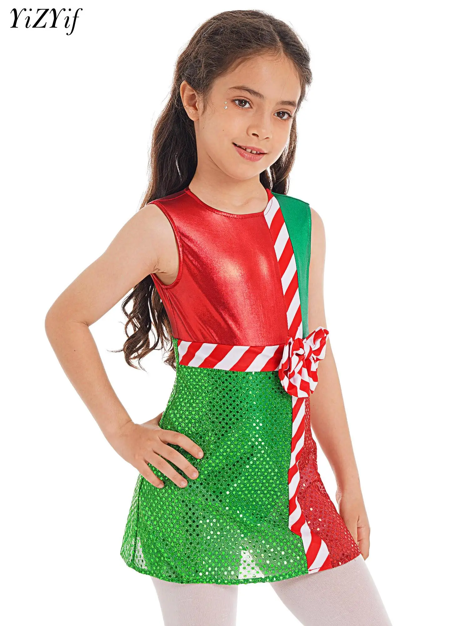

Girls Christmas Ballet Dance Leotard Dress Kids Shiny Metallic Sequins Xmas Santa Claus Cospaly Circus Stage Performance Costume