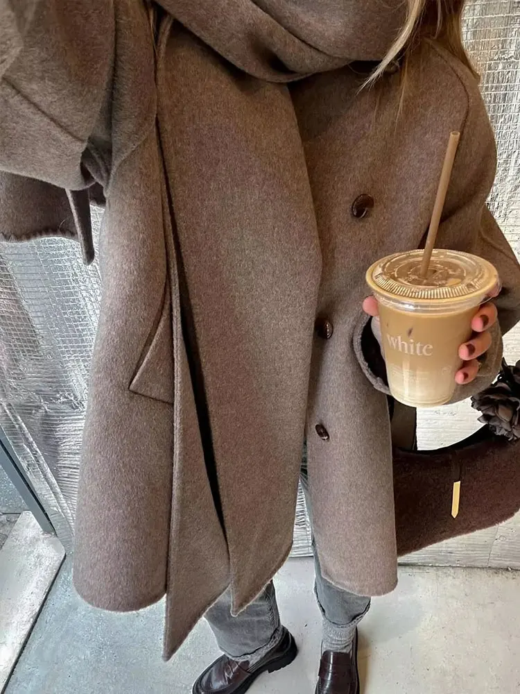 HH Autumn Winter Women Casual Solid Scarf Collar Coat Long Sleeve Single Button Jacket With Pocket Daily Commuting Street Jacket