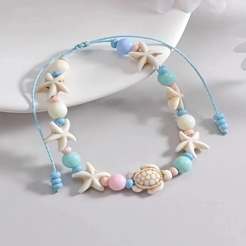 Beach Style Blue Starfish And Turtle Anklet for Women Cute Fashion Beige Beads Summer Vocation Jewelry Gifts