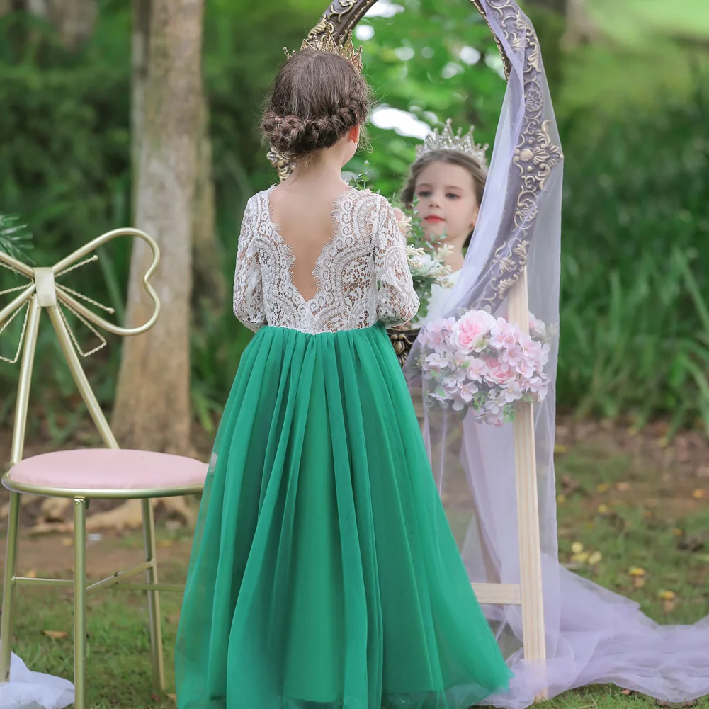 

Summer Backless Girls Lace Dresses Flower Kids Wedding Princess Party Dress Children Clothing Costume 3 6 8 10 12 Years