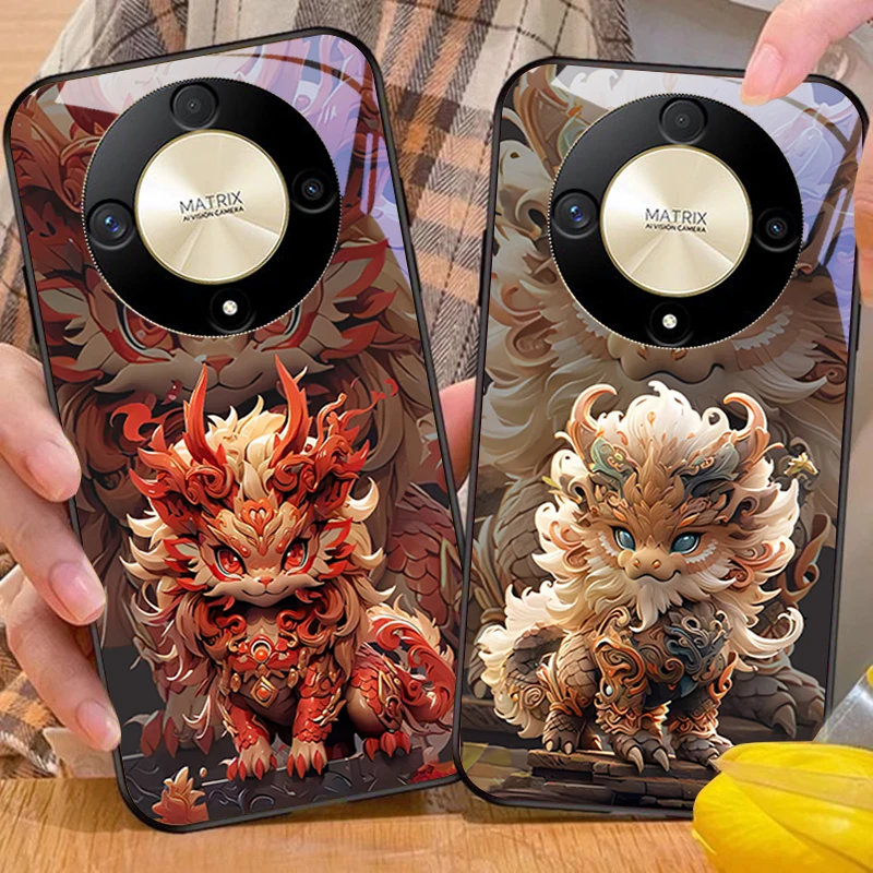 Chinese Style Lion Design Tempered Glass Phone Case