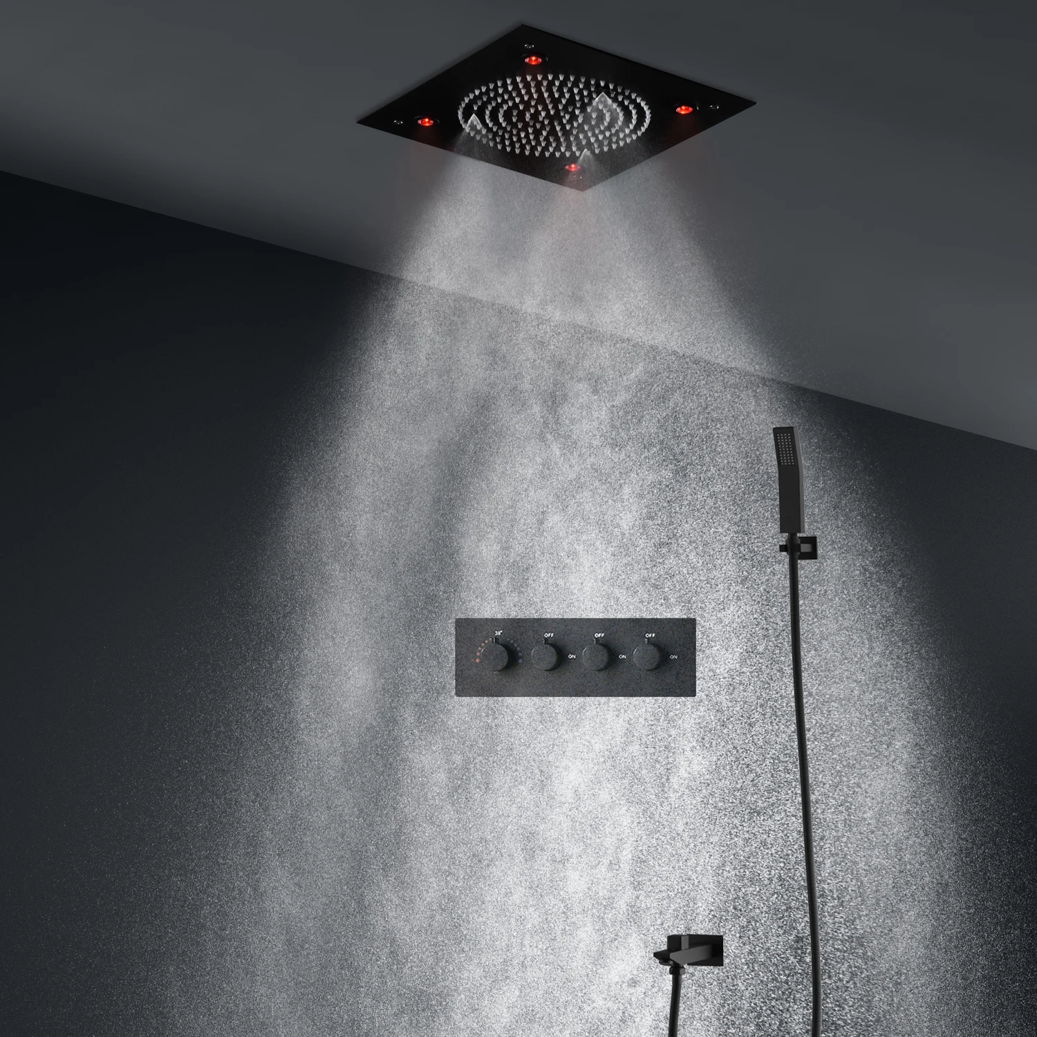 

New Design Ceiling LED Shower Set High Quality 304 Stainless Steel Massage Rian ShowerHead Black Thermostatic Mixer Faucet