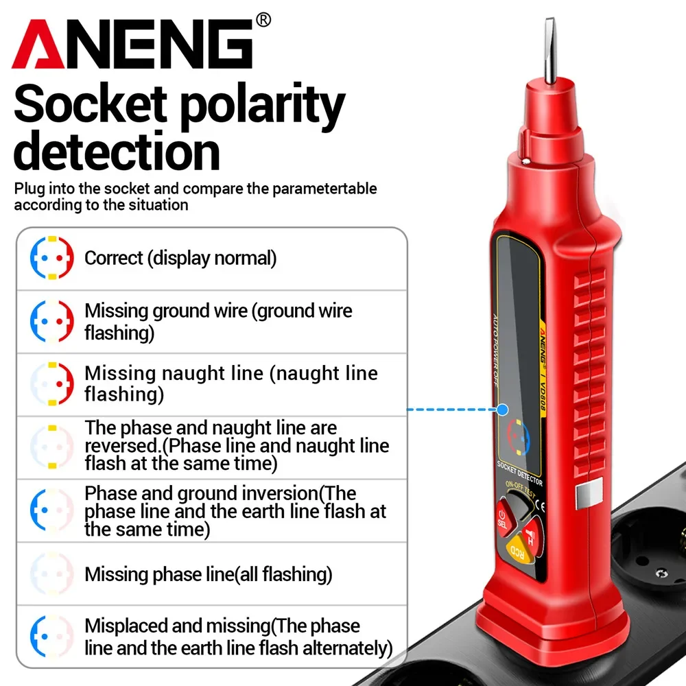 Socket Tester Circuit Breaker Finder Electrical Circuit Tester Circuit Voltage Tester Circuit Tester ANENG VD808 Socket Circuit Analyzer AC/DC Voltage Leakage Polarity Leakage Test