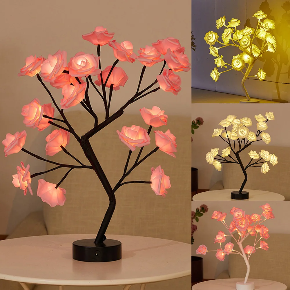 

USB Battery Operated LED Table Lamp Rose Flower Bonsai Tree Night Lights Garland Bedroom Decoration Christmas Lights Home Decor