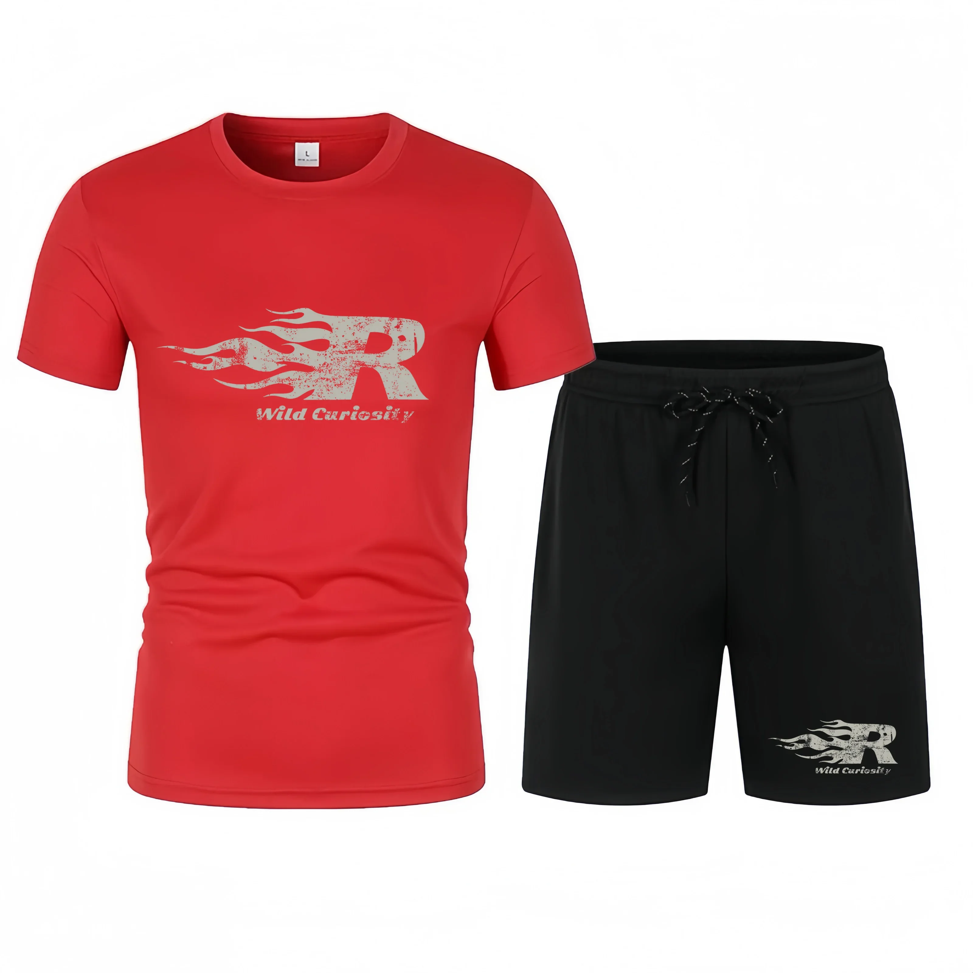 Red -shirt and black shorts set with red logo and text on a white background