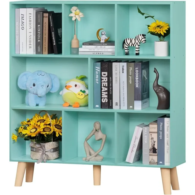 

LEYAOYAO 8 Cube Bookshelf 3-Tier Bookcase with Legs, Mint-Green Kids Book Shelf Cute Storage Organizer, Large Open