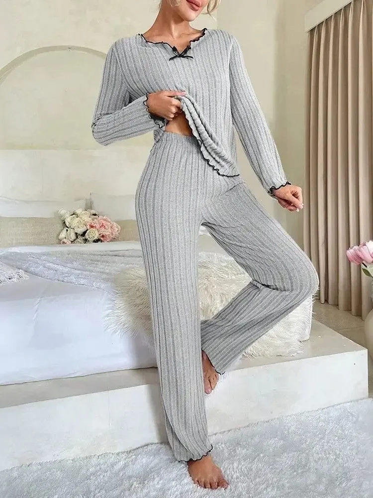 Autumn Winter Warm Plush Pajamas Set Women Long Sleeve Top and Trousers 2 Piece Set Casual Sleepwear Homewear Loungewear