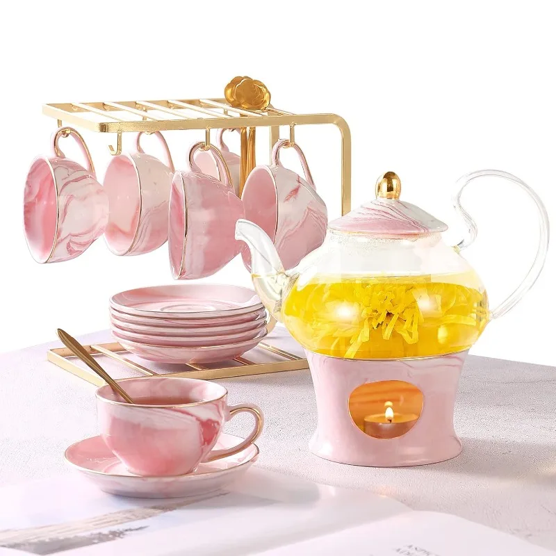 Small Tea Set of 6, Handcraft Golden Trim, Porcelain Tea Pot Set for Kids&Adults, 1 Glass Teapot(22oz), 6 Cups(4oz), 6 Saucers