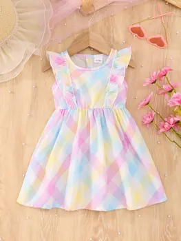 Summer Flying Sleeveless Pink Blue Plaid Full Print Dress Version Slim And Simple For Baby Girls Outdoor Travel Holiday Dress 1