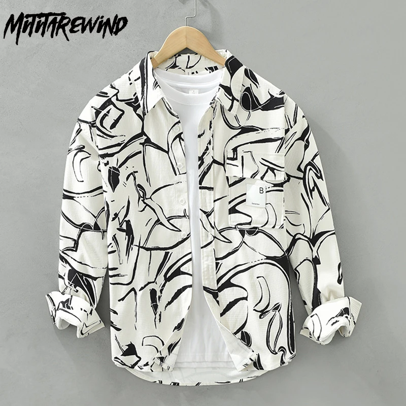 

Модные рубашки с принтом для мужчин, Весенняя уличная одежда, повседневные свободные Молодежные Топы в японском стиле с лацканами и длинными рукавами