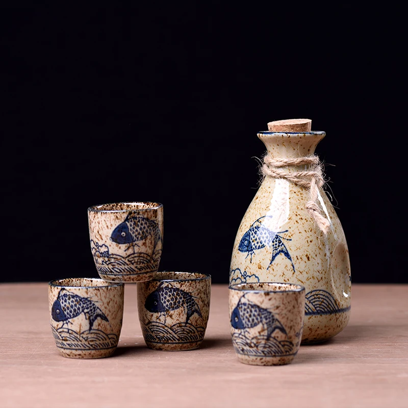3PCS/5PCS Sake Wine Set Ceramics Wine Bottle Underglaze Color Dispenser Vintage Bar Sets Japanese Style Heated Warm Cup