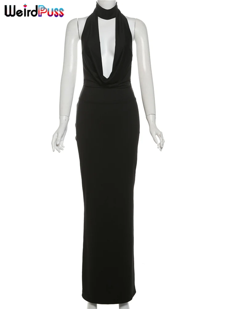 Weird Puss Hollow Halter Dress Women Low-Neck Backless Sexy Sleeveless Slits Robe Trend Midnight Banquet Coquettish Long Bodycon 6