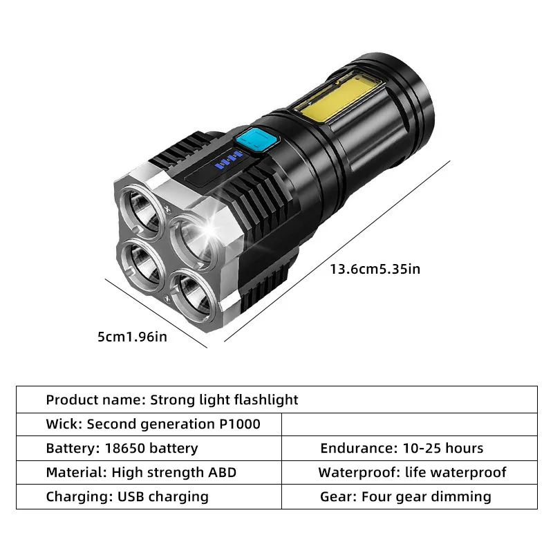 LED Flashlights High Power Camping Torch 4 Lamp Beads COB Side Light Rechargeable Portable Hand Lantern 4 Lighting Mode