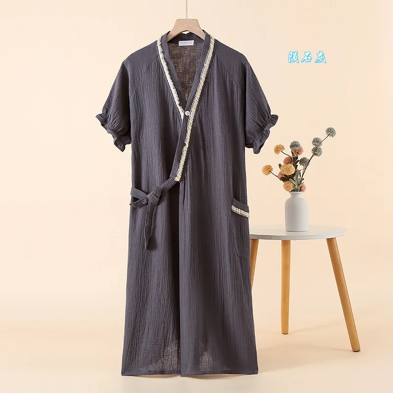 Short Sleeve Kimono Sleeping Robe Lace Color Blocked Strap Up Bathrobe Homewear Cute Sweat Steaming Women Clothing