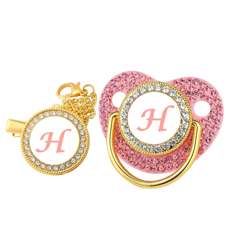 New Newborn Pacifiers for Babies Pink Rhinestones Personalized Pacifier Clip Lid Set 26 Name Initials Infant Nipple Teether Gift 6