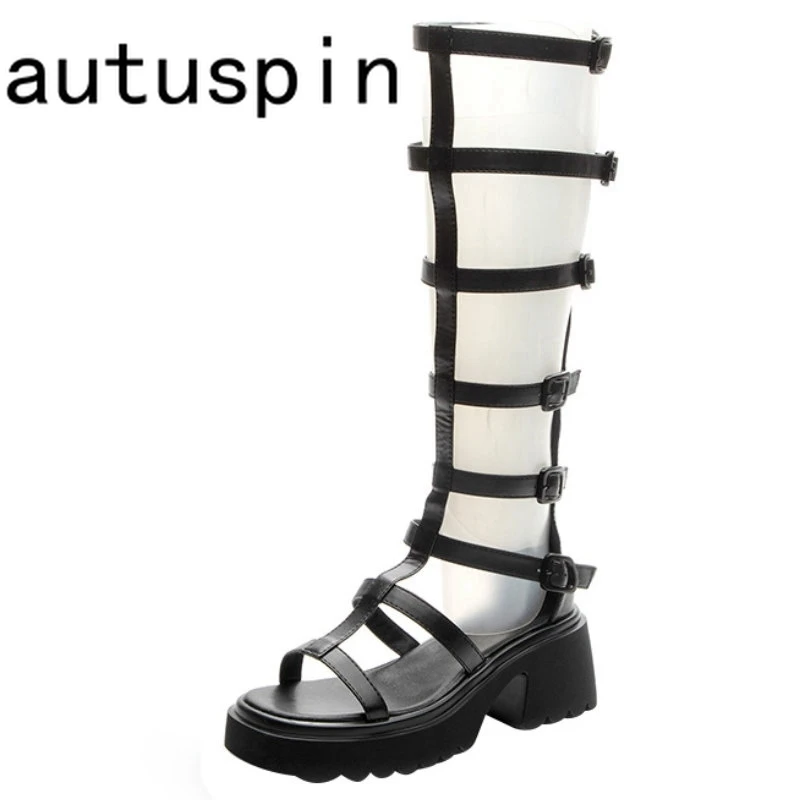 

Autuspin Summer Women Knee High Boots Fashion Hollow Breathable Quality Leather Thick Heels Ladies Sexy Party Nightclub Shoes