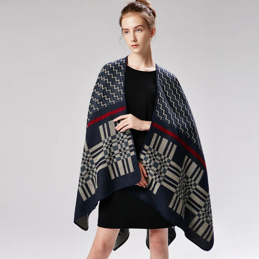 

Women's Winter Reversible Oversized Blanket Wrap Cape Geometric Wave Pattern Open Front Poncho Shawl Cardigans with Tassel