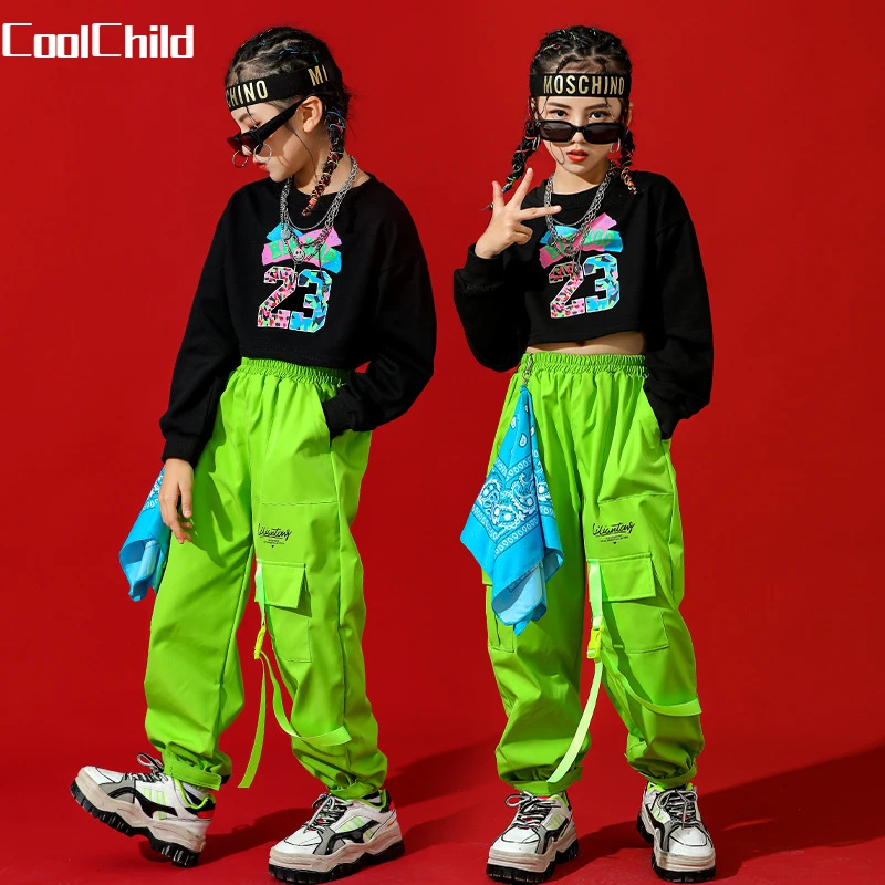 

Hip Hop Girls Crop Top Green Joggers Kids Sweatshirt Street Dance Cargo Pants Clothes Sets Child Streetwear Teens Jazz Costumes