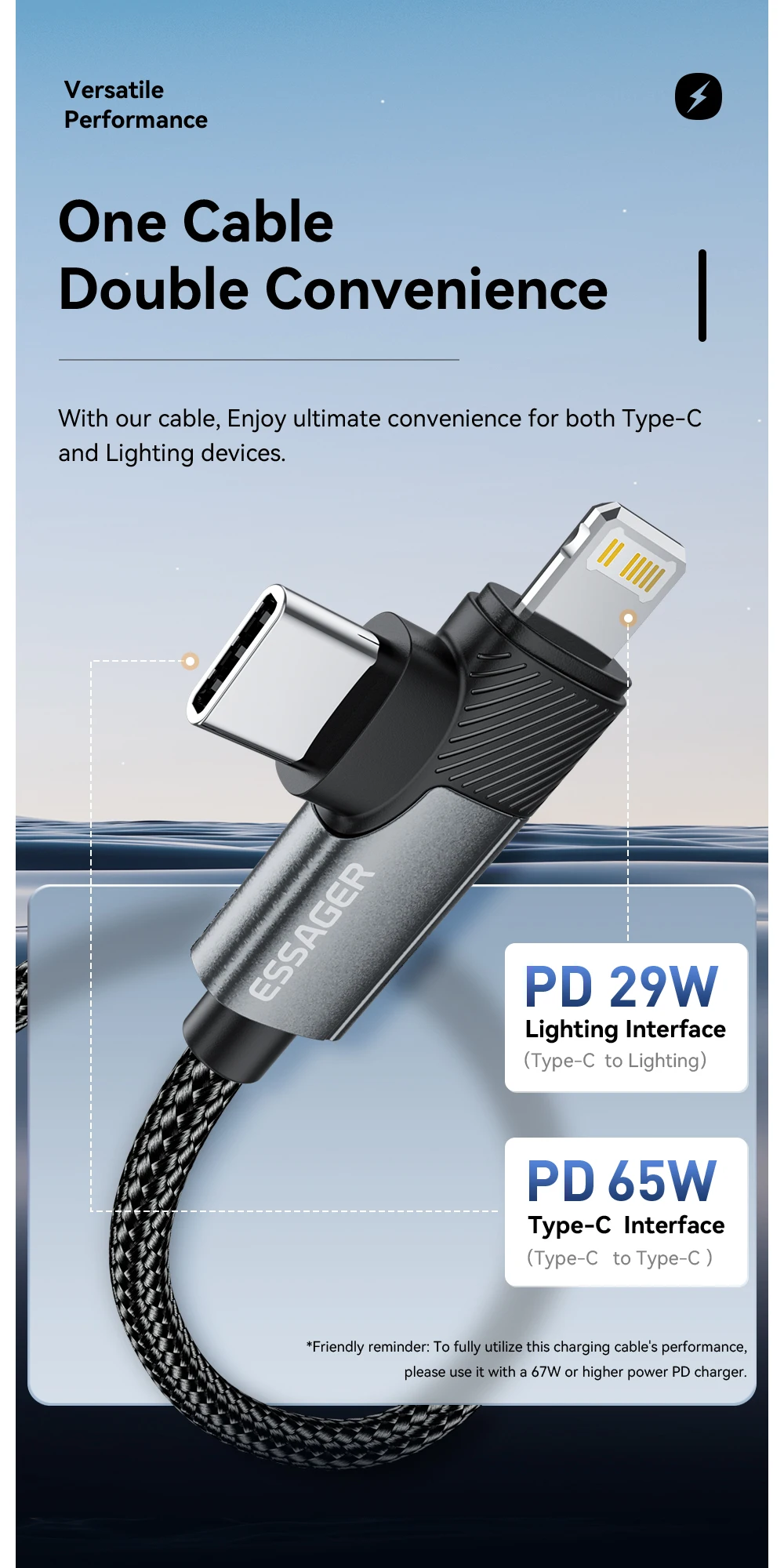 Essager PD 65W Max 2 في 1 من النوع C إلى النوع C والبرق لهاتف Samsung Xiaomi IPhone 14 13 12 11 Pro Max Xs Plus كابل بيانات