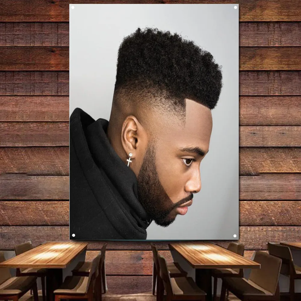 

High top fade haircut for Black Men Poster - Haircut & Shave Service Wall Art Tapestry Barber Shop Wall Decor Banner & Flag