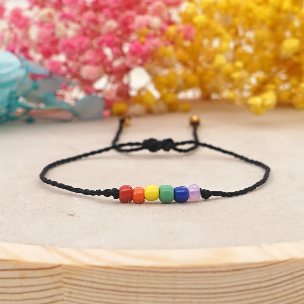 Go2Boho Black String Bracelet Rainbow Beads Bracelets Simple Jewelry