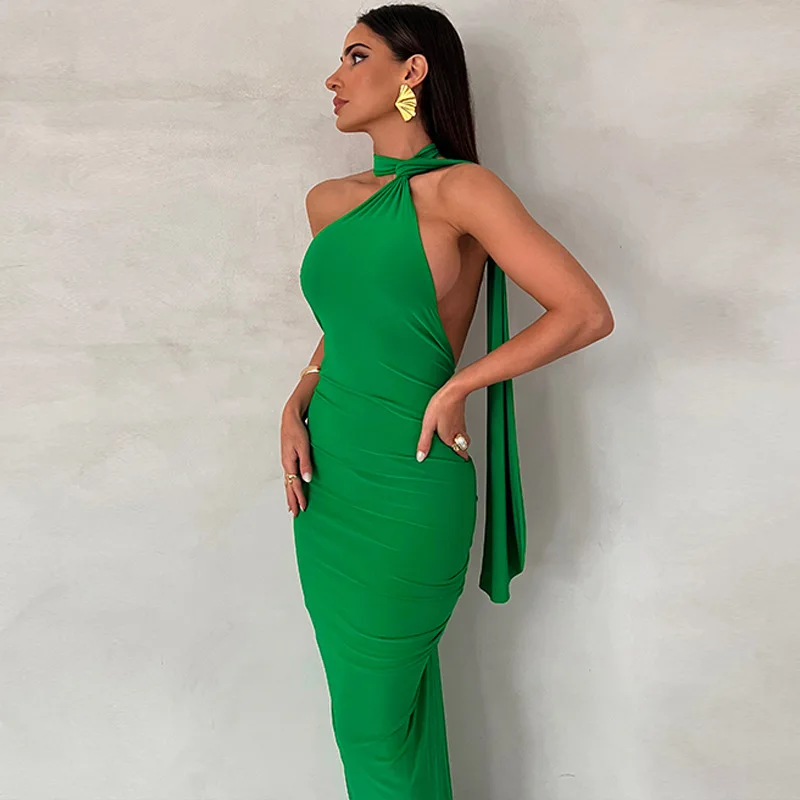 

2023 Halter One Shoulder Backless Solid Draped Elegant Sexy Maxi Prom Dress Winter Women Slim Outfit Birthday Party Y2K