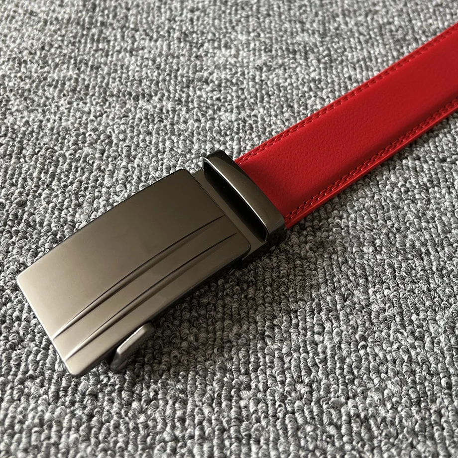 

Plyesxale Red Black Genuine Leather Belt For Men Luxury Brand Casual Mens Belts With Automatic Buckle Formal Cinto Hombre G40