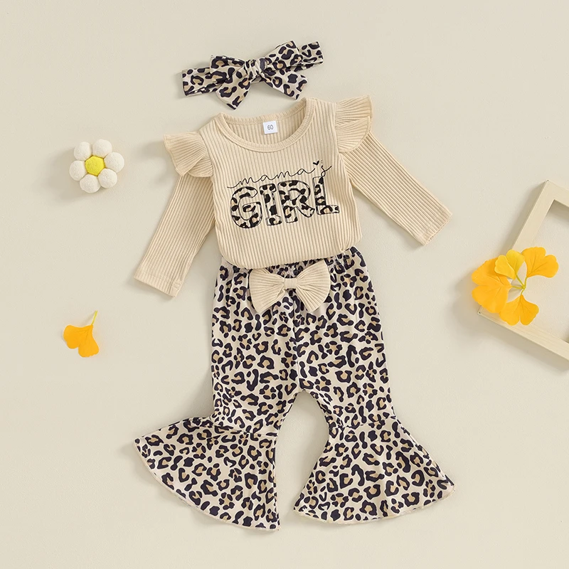 

Baby Girls 3 Piece Outfits Newborn Ribbed Long Sleeve Round Neck Romper and Leopard Print Flared Pants Headband