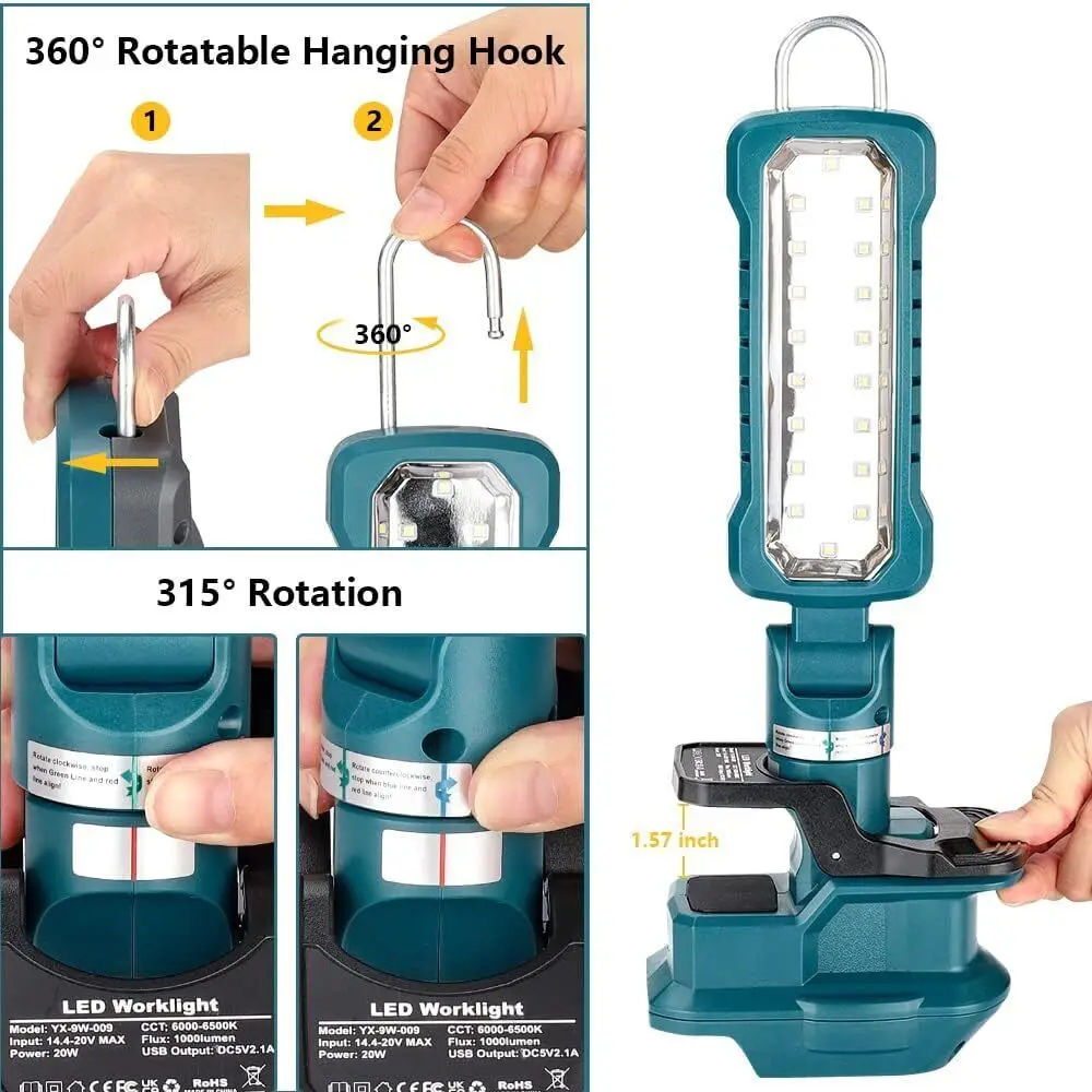 1000LM LED Work Light for Makita 18V Li-ion Battery 20W Floodlight Spotlight Cor
