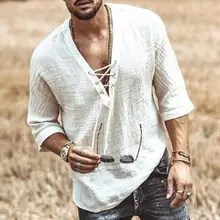 Men's Lace-Up Tee Shirt Summer Casual V Neck Solid Cotton Linen Half Sleeve Blouse Shirts Male Beach Loose White Pullover Tops