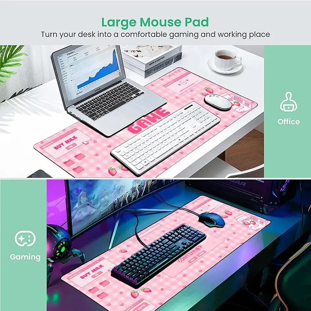 Cute Pink Kawaii Non-Slip Gaming Desk Mat with Durable Stitched Edges for Office and Gaming Use