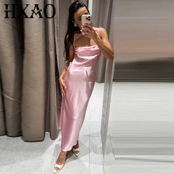HXAO Satin Slip Dresses Women's Dress Summer 2026 Sexy Pink Sleeveless Backless Vestidos For Woman Elegant Evening Party Dresses
